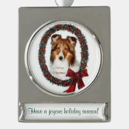 Adorno Con Rótulo Plateado Sheltie Navidades personalizados
