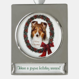 Adorno Con Rótulo Plateado Sheltie Navidades personalizados