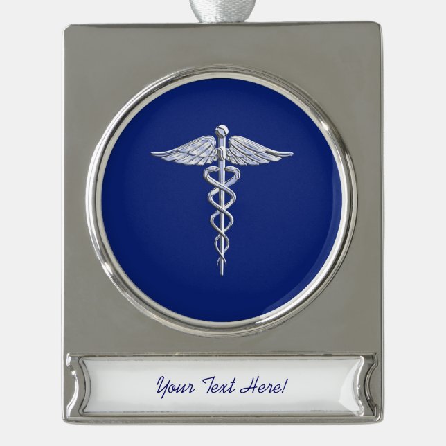 Adorno Con Rótulo Plateado Símbolo médico cromado plateado Caduceus sobre azu (Anverso)