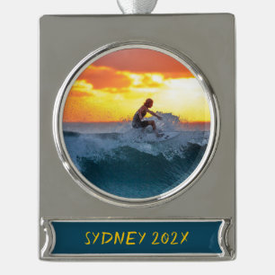 Adorno Con Rótulo Plateado Surfista Surfing Foto Personalizada Navidad