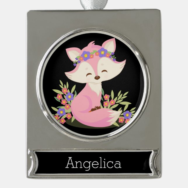 Adorno Con Rótulo Plateado Sweet Pink Fox personalizada (Anverso)