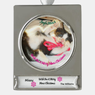 Adorno Con Rótulo Plateado Texto de Foto de Gatito Jingle Meows, Personaliza,