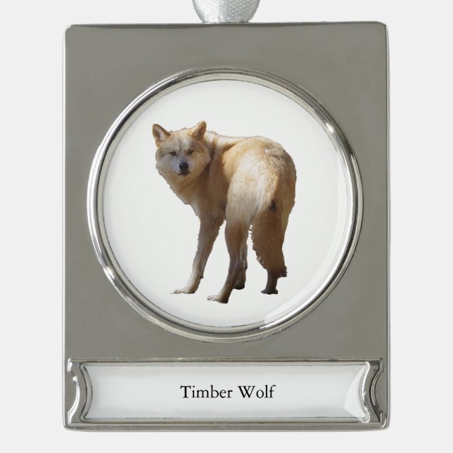 Adorno Con Rótulo Plateado Timber Wolf banner ornament (Anverso)