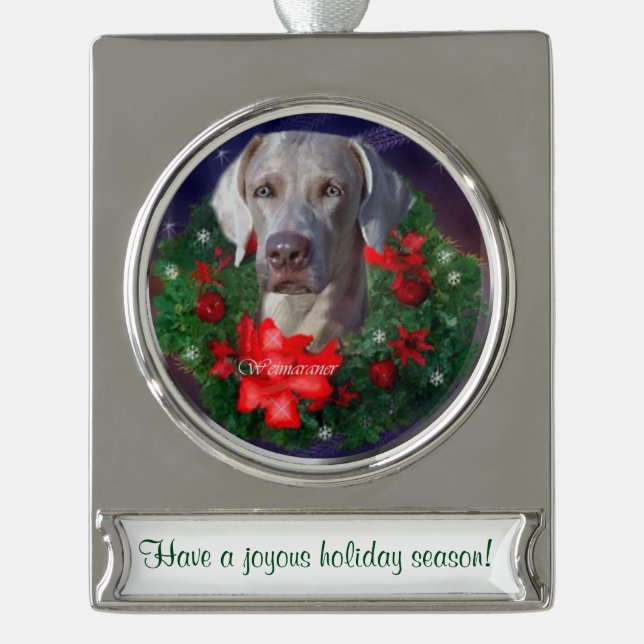 Adorno Con Rótulo Plateado Weimaraner Navidad Personalizada (Anverso)