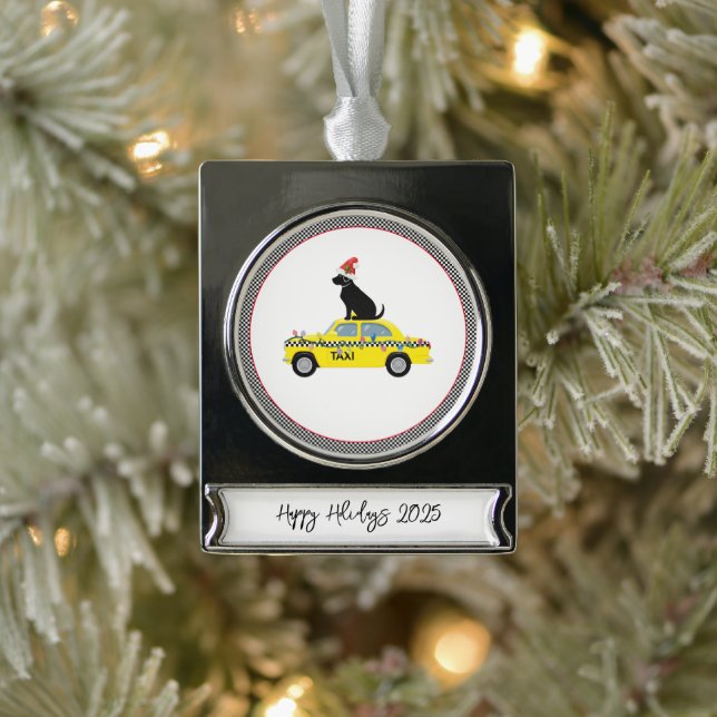 Adorno Con Rótulo Plateado Yellow Taxi Cab Black Lab Happy Holidays Year City (Árbol)