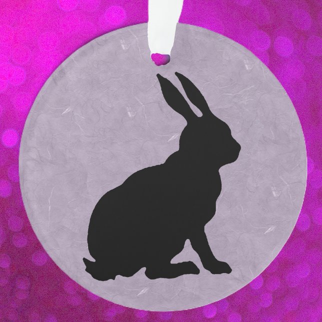 Adorno Conejo de Semana Santa de Conejo Negro (Sitting black rabbit in silhouette on pretty marbled purple on ceramic ornament.)