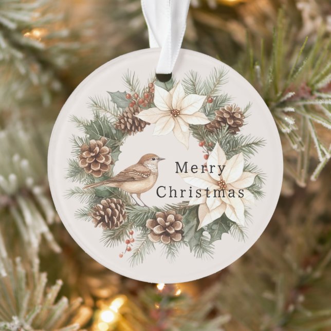 Adorno Cozy Warm Christmas Poinsettia Pine Cones Bird (Árbol)