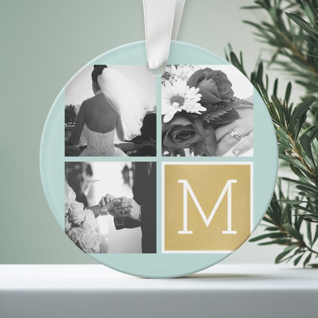 Adorno Crea tu propio collage de fotos de boda con monogr (Personalized Photo Ornament)