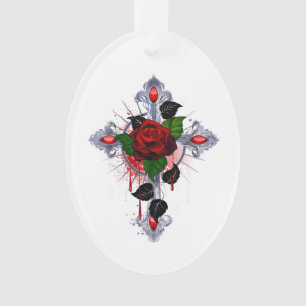 Adorno Cruz de Plata con una Rosa Roja