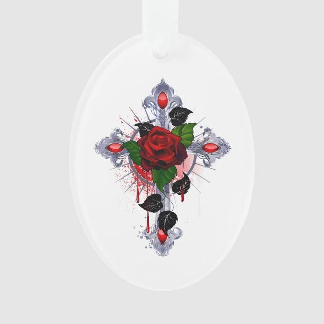Adorno Cruz de Plata con una Rosa Roja (Anverso)