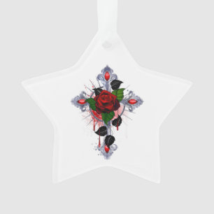 Adorno Cruz de Plata con una Rosa Roja