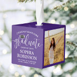 Adorno Cúbico 3 Fotos Felicitaciones Elegante Graduación Púrpura<br><div class="desc">Conmemorar el logro del graduado con un personalizado 3 cubitos de graduación en color morado y blanco adorno de Navidad. Las imágenes y la redacción de esta plantilla son sencillas para el personalizar. (IMAGEN PLACEMENT TIP: Una manera fácil de centrar una foto exactamente como quieres es recortarla antes de subirla...</div>