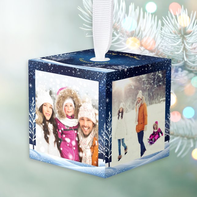 Adorno Cúbico 4 Fotos Blue Night Sky Snack Feliz Navidad (A Christmas tree decoration to personalize with 4 photos, with dark blue winter background)