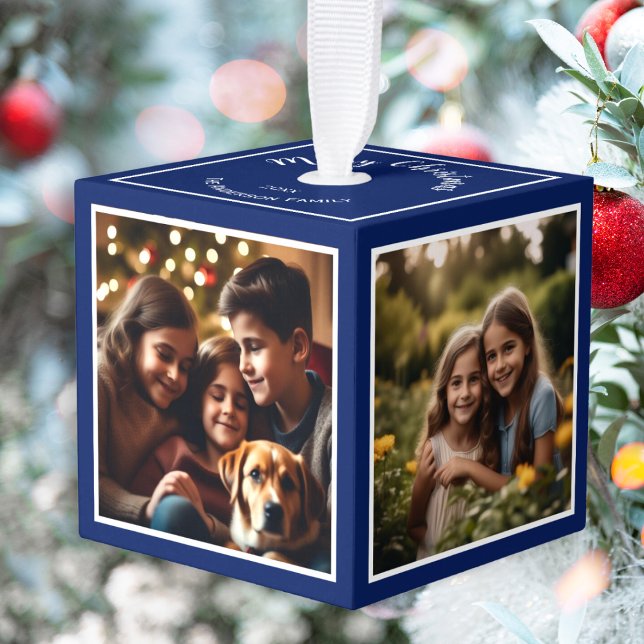 Adorno Cúbico 4 fotos Navidades personalizados Keepsake azul osc (A dark blue Christmas cube ornament to personalize with photographs and your familiy name)
