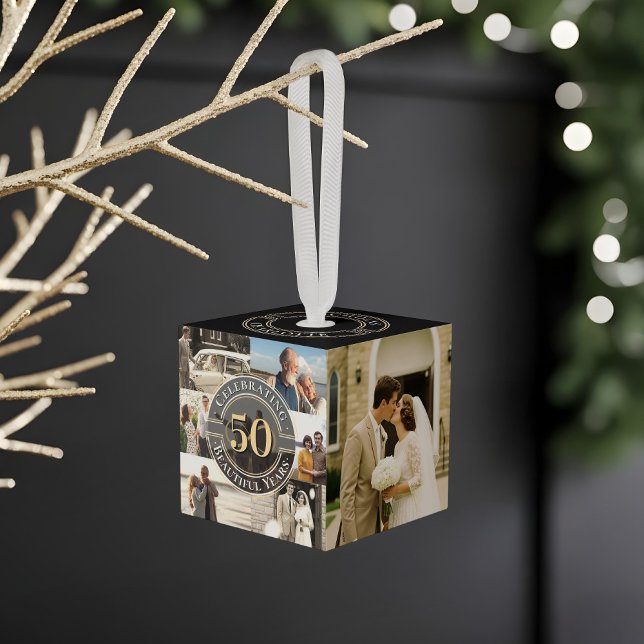 Adorno Cúbico 50 Years Golden Anniversary Infinity Photo Collage (50 Years Golden Anniversary Infinity Photo Collage Cube Ornament)