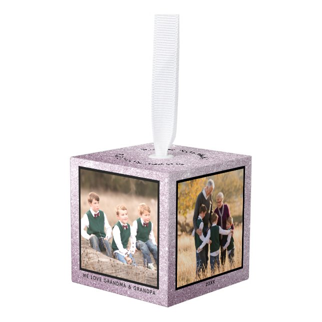 Adorno Cúbico Abuelos Purpurinas de Plata 4 Navidades de fotogra (Anverso en perspectiva)