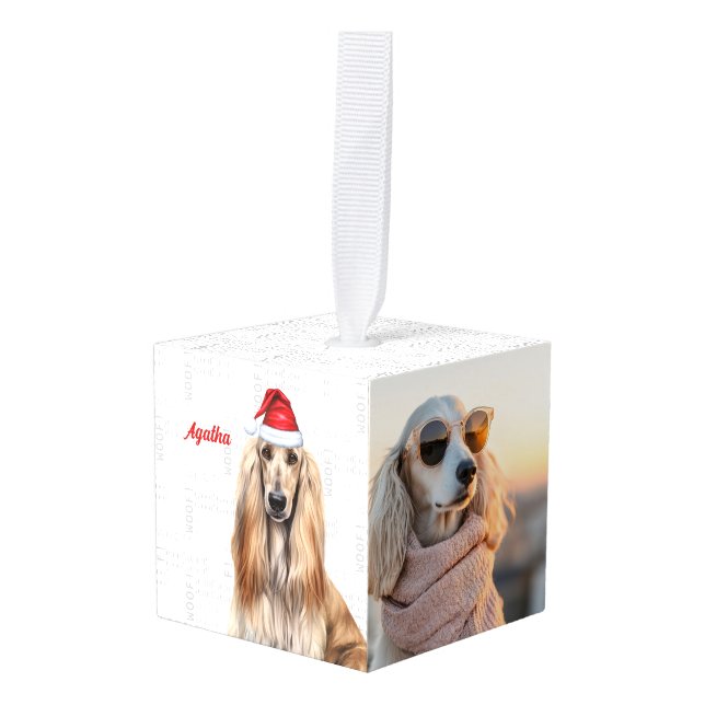 Adorno Cúbico Afghan Hound Dog Two Photo Christmas Holiday (Anverso en perspectiva)