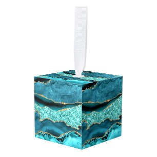 Adorno Cúbico Agate Verde azulado Purpurina de oro azul Marble A