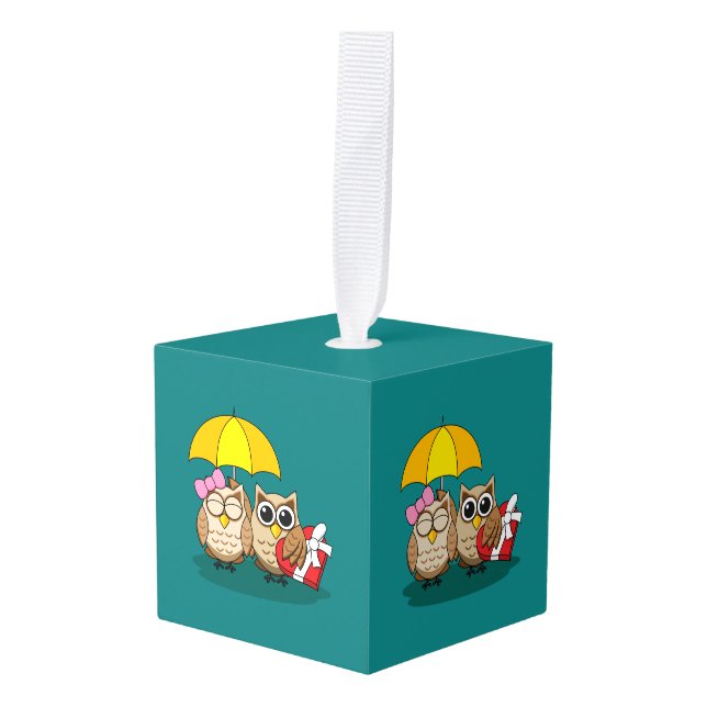 Adorno Cúbico Amantes de la Lechuza Cuta con Paraguas y Chocolat (Anverso en perspectiva)