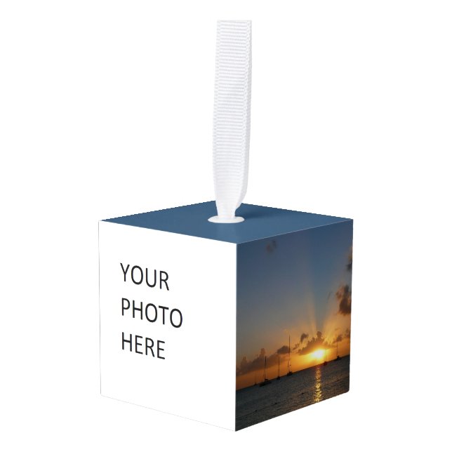 Adorno Cúbico Atardecer con veleros paisaje tropical foto (Anverso en perspectiva)