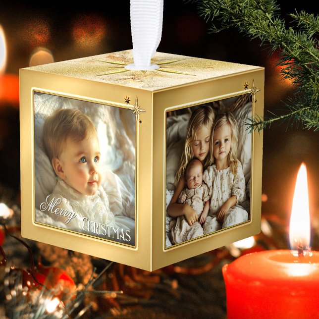 Adorno Cúbico Baby First Christmas Gold Star Photo Cube Ornament (Baby's first Christmas cube ornament featuring your custom photos framed by a gold design with stars)