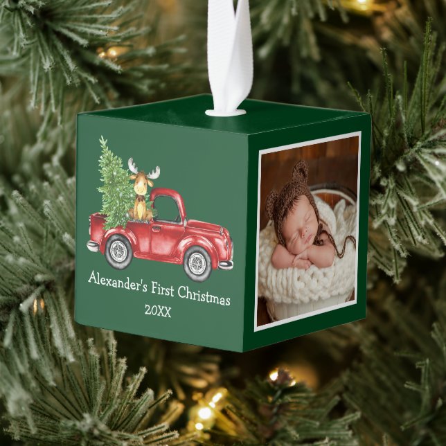 Adorno Cúbico Baby First Christmas Red Truck Moose Green Photo (Árbol)