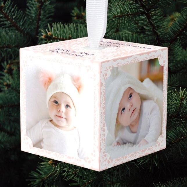 Adorno Cúbico Baby's First Christmas Pink White Lace Multi Photo (A pretty cube ornament in blush pink for baby's first Christmas, with four custom photos)