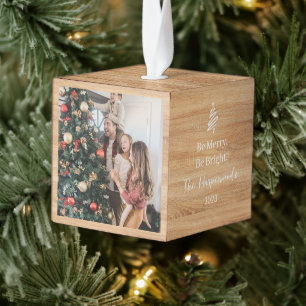Adorno Cúbico Be Merry, Be Bright 3 Photo Navidad Family Wood