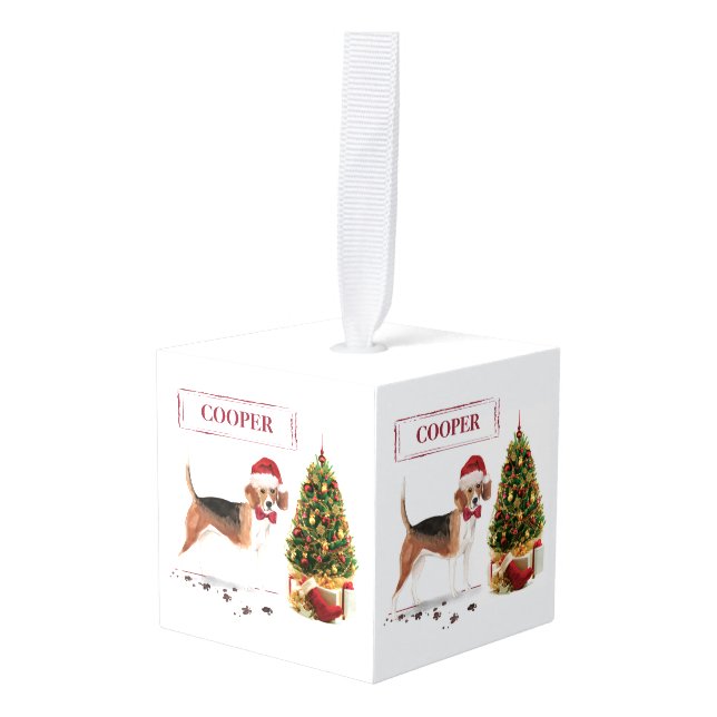 Adorno Cúbico Beagle graciosos Navidades perro con árbol (Anverso en perspectiva)