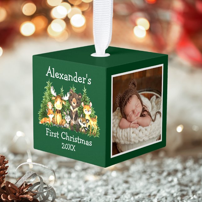Adorno Cúbico Bebé primero animales del bosque de Navidad foto v (Customize with your photos, name and year.)