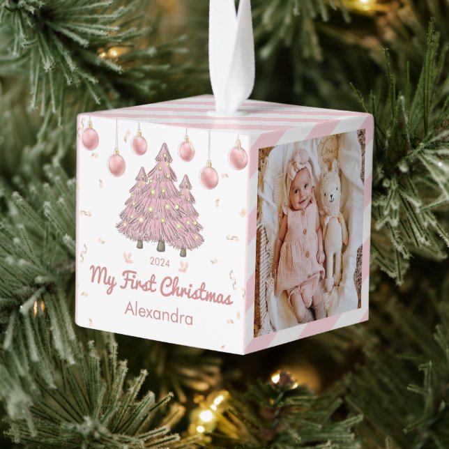 Adorno Cúbico Bebé rosa Mi primera Navidad foto personalizada (Árbol)