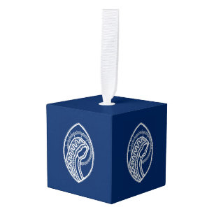 Adorno Cúbico Bendita Virgen María, encaje blanco, azul marino