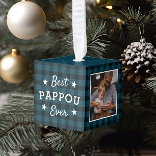 Adorno Cúbico Best Pappou Ever   Holiday Plaid Photo