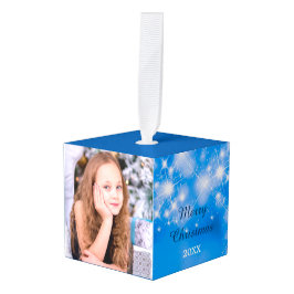 Adorno Cúbico Blue Bokeh Stars Sleigh