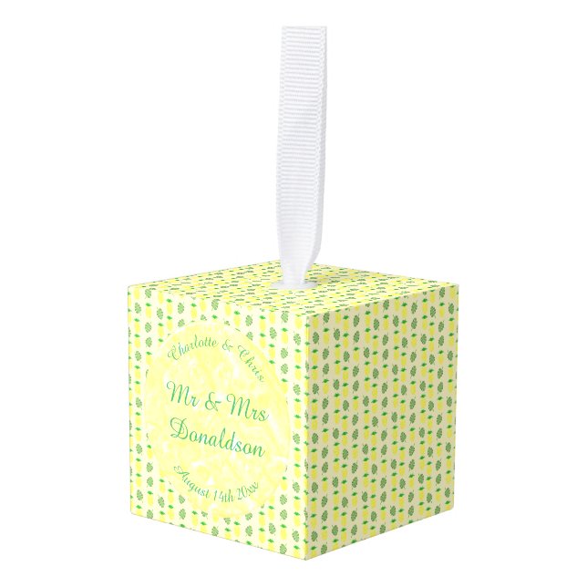 Adorno Cúbico Boda de verano tropical Piña y hojas de palmera (Anverso en perspectiva)