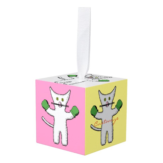 Adorno Cúbico Boxing Kitten con Mittens_Cove (Anverso en perspectiva)