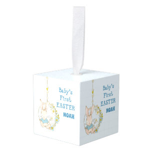 Adorno Cúbico Boy First Easter Bunny on Flower Swing