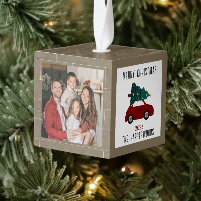 Adorno Cúbico Brick Wall Christmas Tree Family 3 Photo Modern (Árbol)