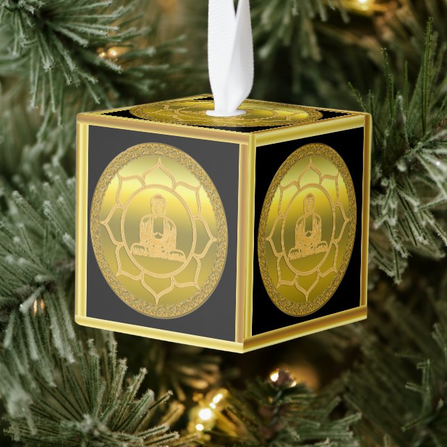 Adorno Cúbico Buda haciendo meditación de yoga Relieve metalizad (Árbol)