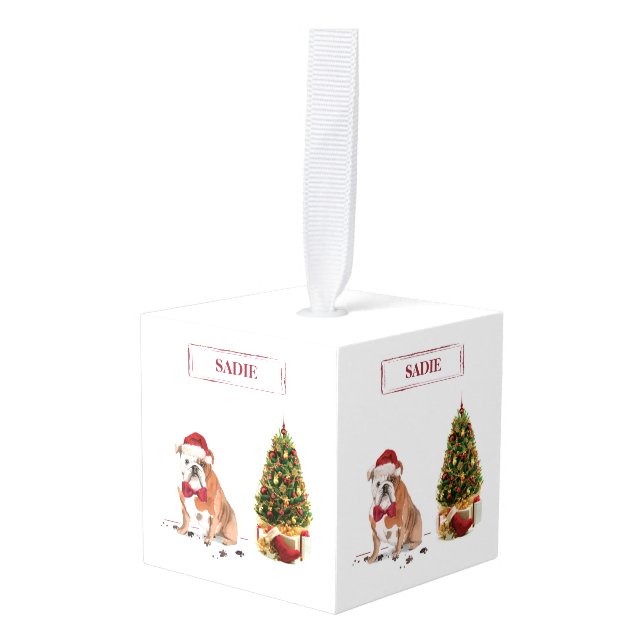 Adorno Cúbico Bulldog inglés Navidades graciosos perro con árbol (Anverso en perspectiva)