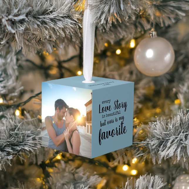 Adorno Cúbico Cada historia de amor es bella 4 foto (Romantic photo cube christmas tree ornament with pictures)