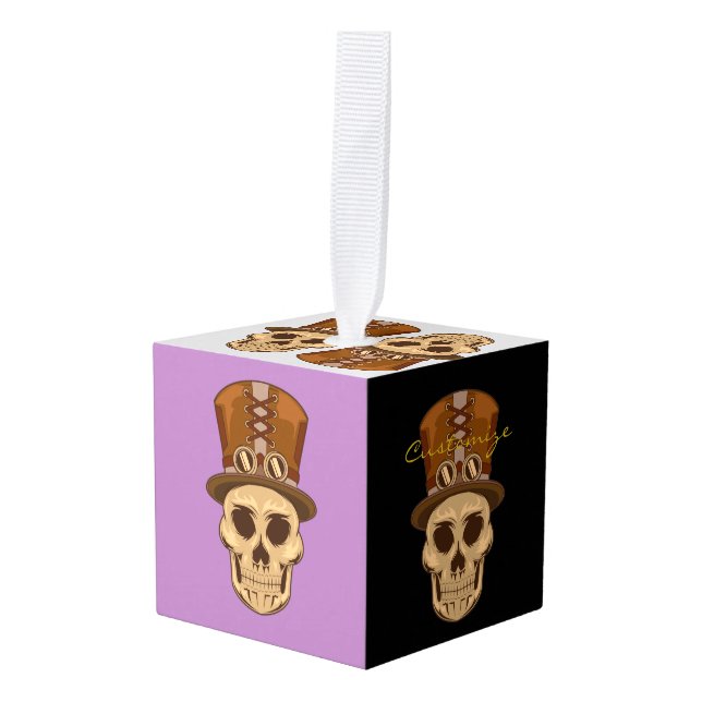 Adorno Cúbico Calavera de Steampunk en Top Hat Thunder_Cove (Anverso en perspectiva)