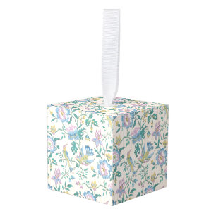 Adorno Cúbico Chinoiserie Patrón Floral Pastel Vintage Pájaro