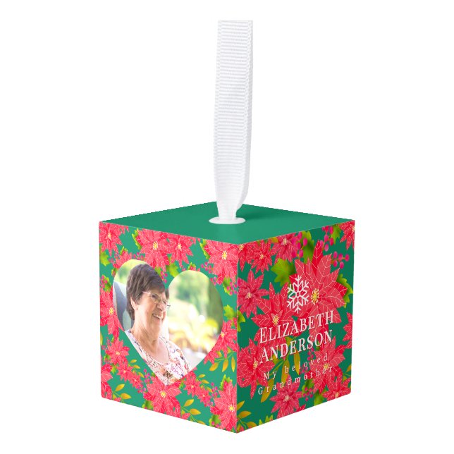 Adorno Cúbico Christmas Poinsettias Photo Grandmother Teal (Anverso en perspectiva)