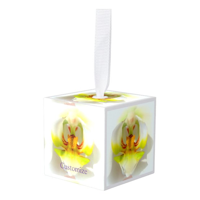 Adorno Cúbico cierre de orquídeas blanco/amarillo (Anverso en perspectiva)