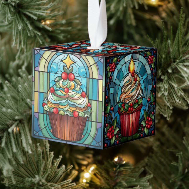 Adorno Cúbico Cinco Navidades de vidrio manchado de imágenes (Árbol)