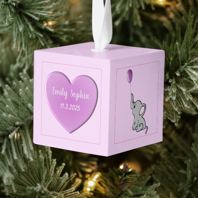 Adorno Cúbico Corazón y elefante personalizados para una niña be (Árbol)