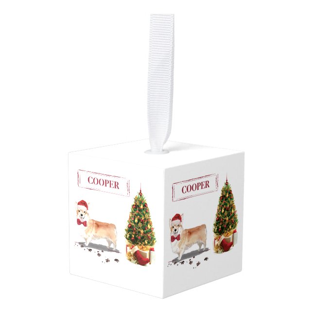 Adorno Cúbico Corgi Navidades graciosos perro con árbol (Anverso en perspectiva)