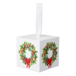 Adorno Cúbico Corona de Navidad elegante y festiva con lazo rojo