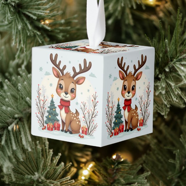 Adorno Cúbico Cute Christmas Reindeer Scene Snowy Forest (Árbol)